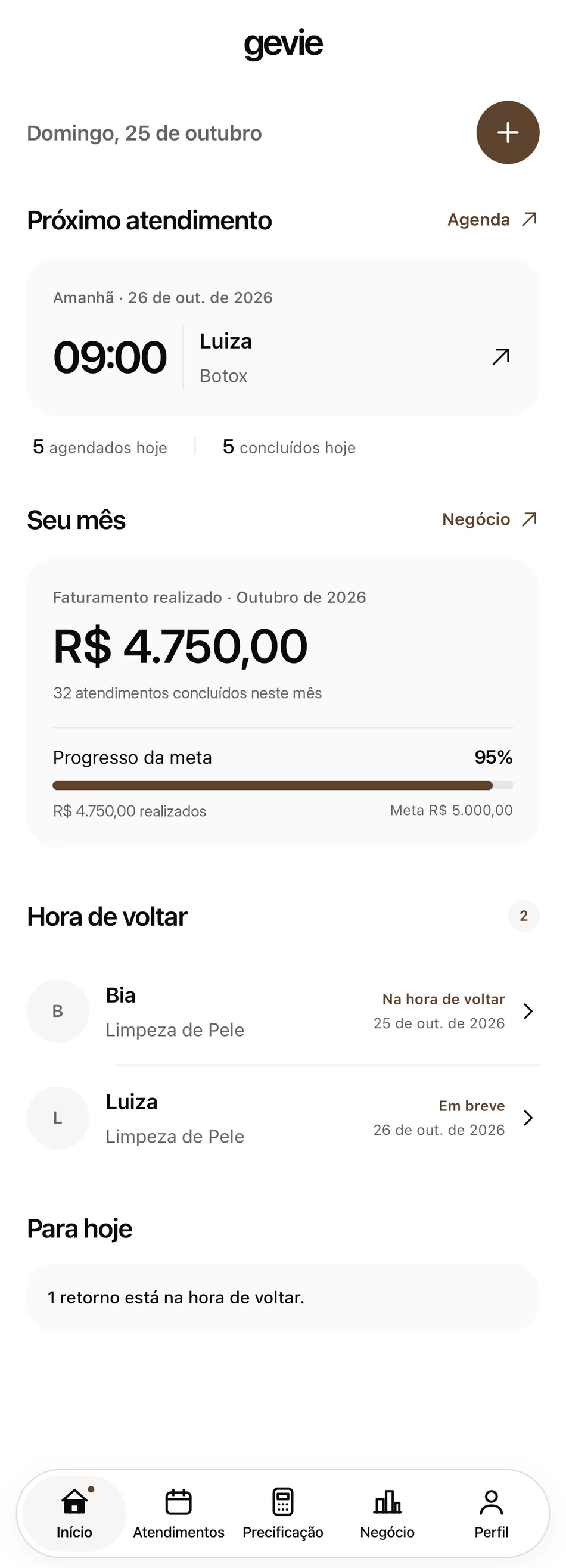 Tela inicial real do aplicativo Gevie Beleza, com agenda e resumo do mês